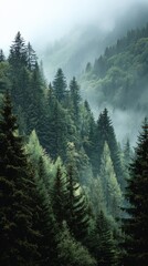 Misty morning forest landscape with lush green trees and rolling hills shrouded in fog