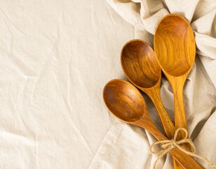 Top View of Three Wooden Cooking Spoons Tied with Jute Rope on Beige Fabric Background