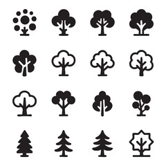 Sixteen minimalist black and white tree icons in a grid vector