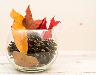Transparent Jar Displaying Dried Fall Leaves and Pine Cones, Cozy Autumn Decoration
