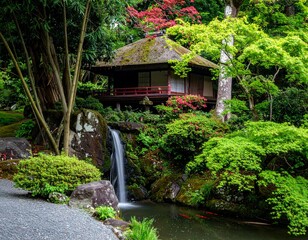 Tranquil Japanese Garden with Flowing Waterfall and Traditional Wooden House Surround