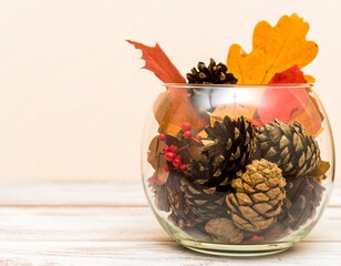 Transparent Jar Displaying Dried Fall Leaves and Pine Cones, Cozy Autumn Decoration