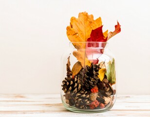 Transparent Jar Displaying Dried Fall Leaves and Pine Cones, Cozy Autumn Decoration