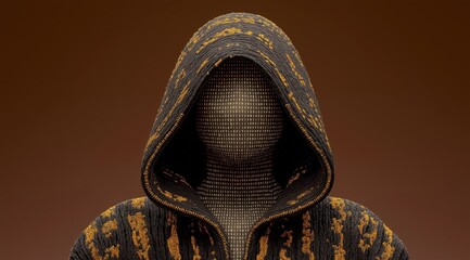 A mysterious, faceless figure in a patterned hoodie with a digital code face. A conceptual image of technology and anonymity