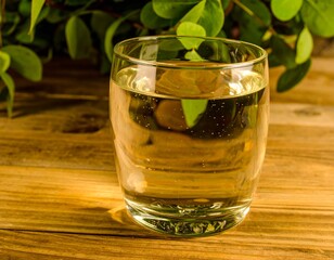 Transparent jar mockup on light wooden background with soft greenery