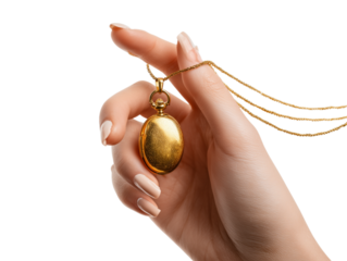 A close-up shot features a delicate hand gracefully holding a vintage, gold pendant, the golden chain suspended, and a beautiful combination of jewelry design.