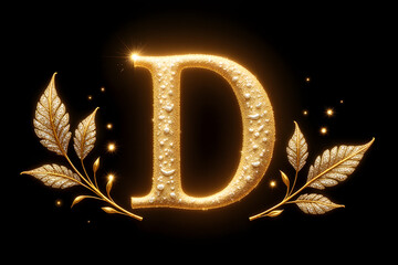 Golden letter D with sparkling effects and decorative leaves on a black background