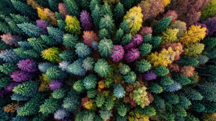 Aerial View of Dense Forest in Autumn with Multicolored Foliage