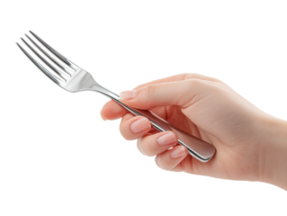A close-up captures a hand delicately holding a silver fork