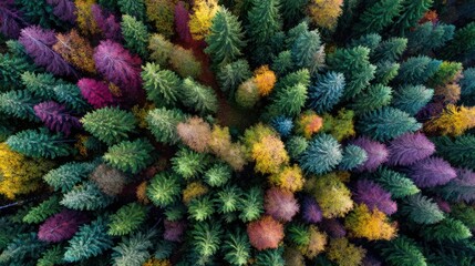 Aerial View of Dense Forest in Autumn with Multicolored Foliage