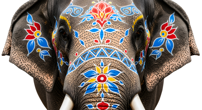 Intricate patterns adorn elephant in vibrant display of cultural art and tradition close up view