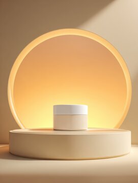 Minimalist product display featuring a white jar on a wooden pedestal with warm backlighting and soft shadows
