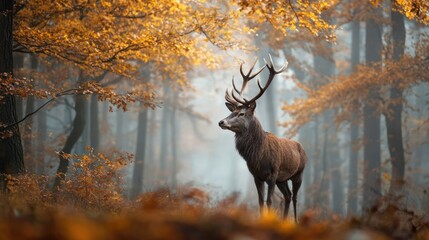 Deer Standing in a Peaceful Autumn Woodland with Golden Foliage