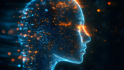 Digital human face composed of glowing blue and orange data points and circuits representing artificial intelligence and futuristic technology visualization in profile view
