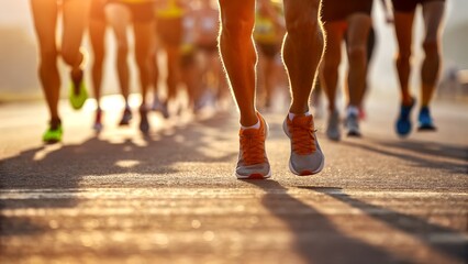Runners sprint powerfully in marathon race, golden light on the street