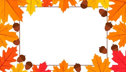 Autumnal Frame with Colorful Maple Leaves and Acorns on White