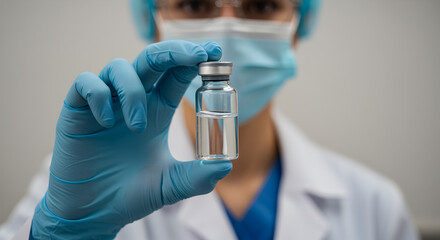 Researcher presenting a new drug or vaccine in a vial.