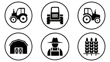 Set of farming icons with tractors barn farmer and wheat