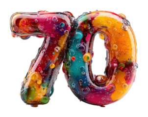 Vivid 70 bubble number celebration colorful installation abstract view fun concept isolated on transparent background