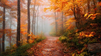 Obraz premium Forest Trail Disappearing into the Fog with Vibrant Orange and Red Leaves