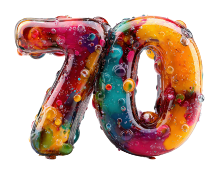 Vivid 70 bubble number celebration colorful installation abstract view fun concept isolated on transparent background