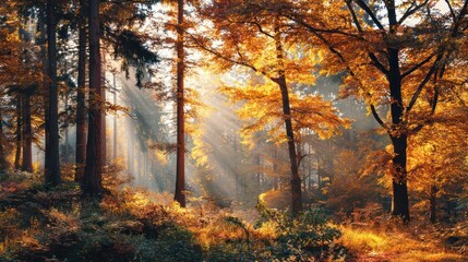 Fototapeta premium Golden Autumn Forest with Sunbeams Filtering Through the Trees