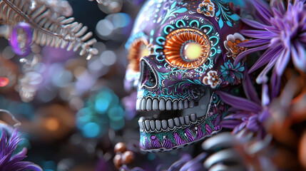 Obraz premium Vibrant neon sugar skull adorned with intricate floral patterns and glowing eyes, surrounded by colorful decorations
