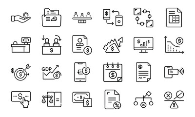 Finance and Banking Line Icons 24 Vector Icons for GDP, Payment Analysis, Transactions, Charts, Mobile Banking and Financial Risk Management UI Design