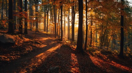 Fototapeta premium Lonely Path in a Foggy Fall Forest Covered with Fallen Leaves