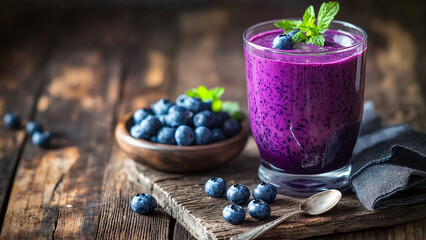 glass of blueberry kefir, wellness blog post, , farm-to-table marketing, recipe blog cover, organic product page, wellness product launch ad, nutrition platform, brand campaign, food photography