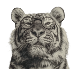 Whimsical portrait of a tiger with glasses digital humorous concept isolated on transparent background