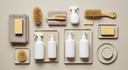 Flat lay of unbranded cleaning items like spray bottles, sponges, brushes, and soap dispensers on a neutral background (white, beige, or light gray). Props like towels or ceramic trays can be added fo