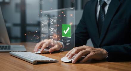 Businessman interacting with a glowing virtual interface displaying a large green checkmark and various digital document icons.