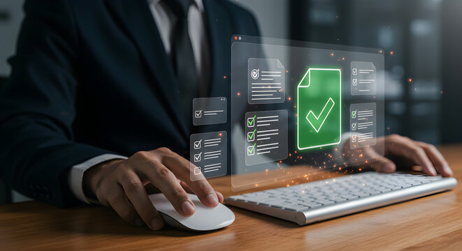 Businessman interacting with a glowing virtual interface displaying a large green checkmark and various digital document icons.