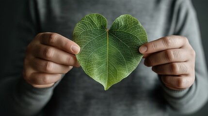 Hands Holding a Heart-Shaped Leaf, Showcasing Nature's Intricate Veins and Organic Patterns