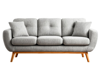 Fototapeta premium Stylish gray sofa: A modern, comfortable sofa, upholstered in gray fabric, resting on sleek wooden legs, with a minimalist design, perfect for interior decor.