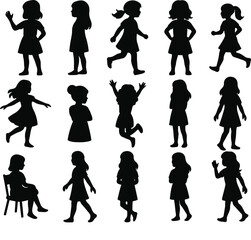 Silhouettes of Little Girls in Various Poses – Vector Set Featuring Standing, Walking, Running, Sitting, Dancing, Jumping, and Waving Girl Outlines – Black Child Silhouette Illustrations for Kids Desi