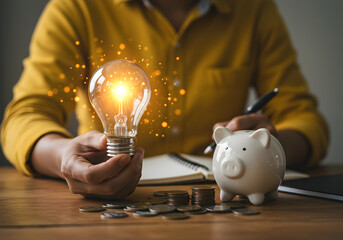 Person holding a glowing light bulb, with a piggy bank and coins on a desk. Symbolizes creative financial solutions and smart investment ideas.