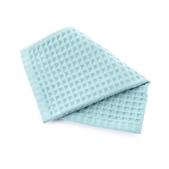 Clean light blue waffle towel isolated on white, top view