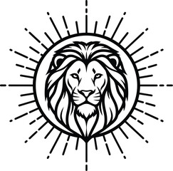 Vector art of lion head in a circle with sun rays emanating from behind, a symbol of strength, power, and royalty in heraldry
