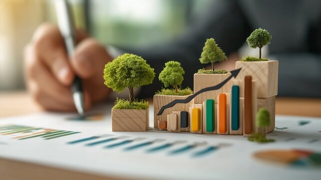 Sustainable Growth: Wooden Chart Blocks with Trees Illustrate Eco-Friendly Business Success