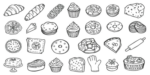Bakery doodle icon set. Cute hand drawn sketch illustrations of bread, donut, muffin, cinnamon, toast, baguette, croissant, cupcake . Black and white cartoon art for baking and pastry.