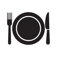 Place setting with plate, fork, and knife, a black silhouette icon for food and dining, isolated on a white background.
