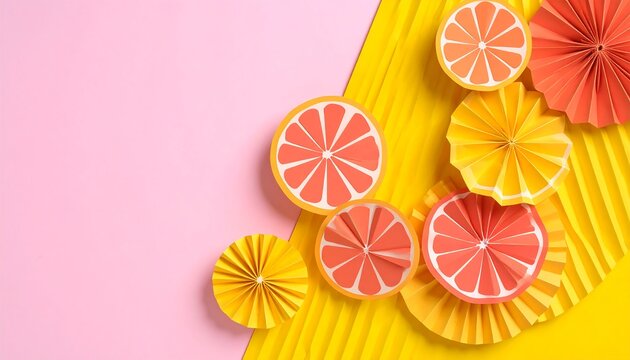 Paper Citrus Slices and Fan Decorations on Pink and Yellow Background