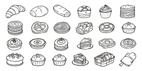 Bakery doodle icon set. Cute hand drawn sketch illustrations of bread, donut, muffin, cinnamon, toast, baguette, croissant, cupcake . Black and white cartoon art for baking and pastry.