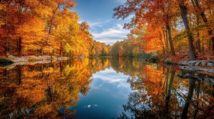  Tranquil Lake Reflecting Fall Trees with Bright Orange Leaves