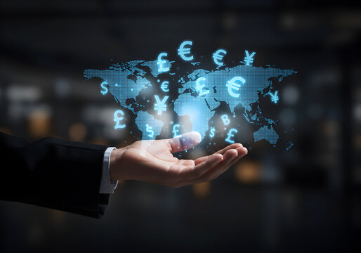 Businessman holding a glowing world map with various currency symbols. Represents global financial markets and international commerce.