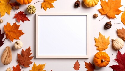 Blank White Frame Surrounded by Colorful Autumn Leaves and Pumpkins