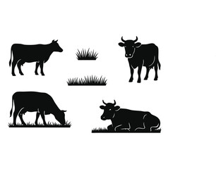 Vector Set of Cows in Different Poses with Grass Silhouettes