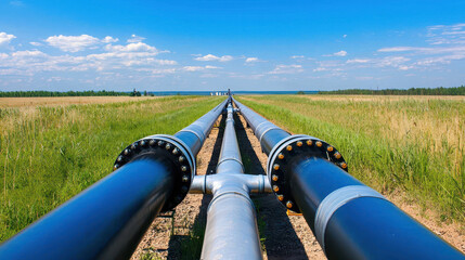 Pipelines stretch across green landscape under bright blue sky, showcasing industrial infrastructure in natural setting